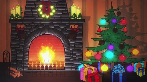 Animated Christmas Fireplace Scene with Decorated Tree and Presents