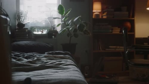 Small Room with Bed, Book Rack and Messy Table in Dim Light