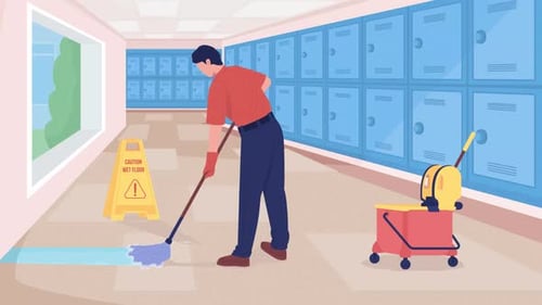 Zelador escolar animado no corredor