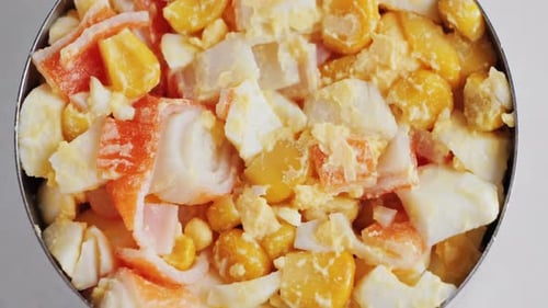 Crabmeat Salad with Eggs Canned Corn Homemade Mayonnaise and Ground Pepper