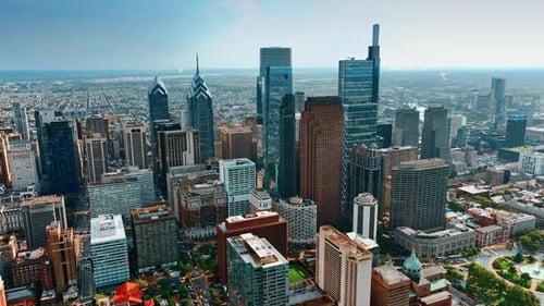Beautiful skyscraper complex of Philadelphia. Daytime view of the city from drone footage.