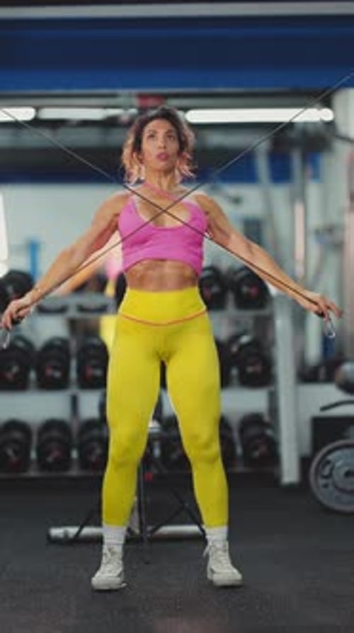 Muscular Woman Doing Cable Crossover Fly Exercise at the Gym