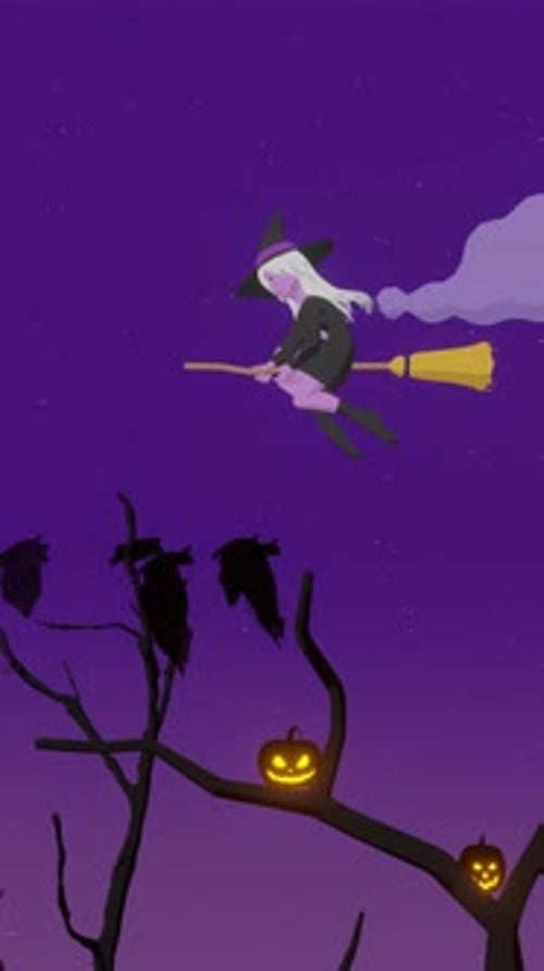 Spooky Halloween Animated Background with Flying Witch and Jack-o-Lanterns