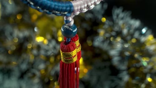 Dreamy close-up shot of a Chinese ancient traditional lucky coin, Asian New Year decoration, golden