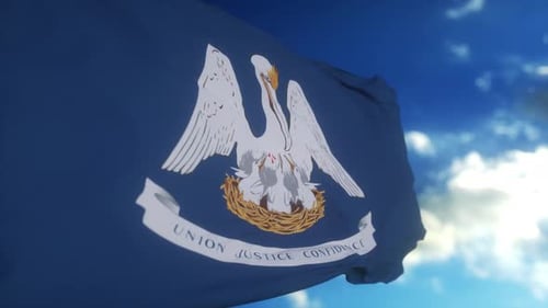 Louisiana State Flag Waving with Pelican and Chicks Against Blue Sky