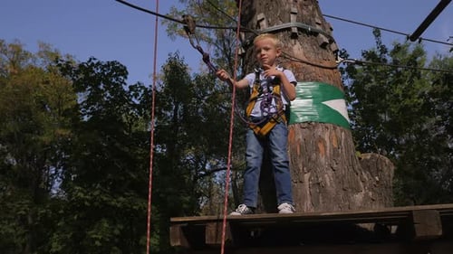 A Little Boy in Climbing Gear is Walking Along a Rope Road in an Adventure Park