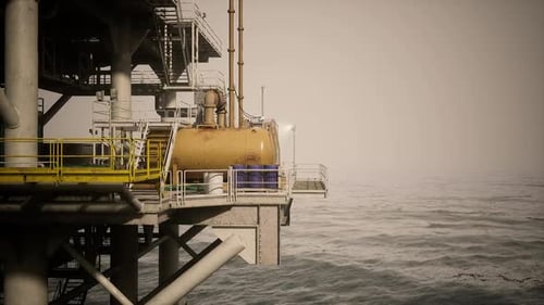 Oil Rig Structure Above Ocean Water During Foggy Weather Conditions