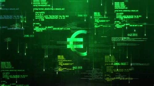 Futuristic Digital Data Stream with Glowing Euro Symbol Animation