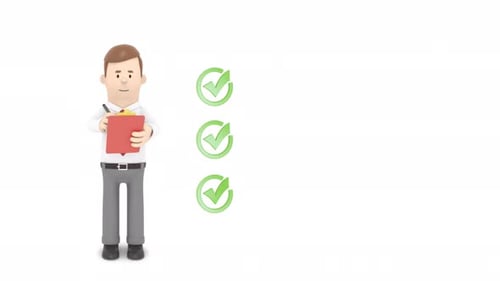 Animation d'homme d'affaires 3D avec liste de contrôle et presse-papiers