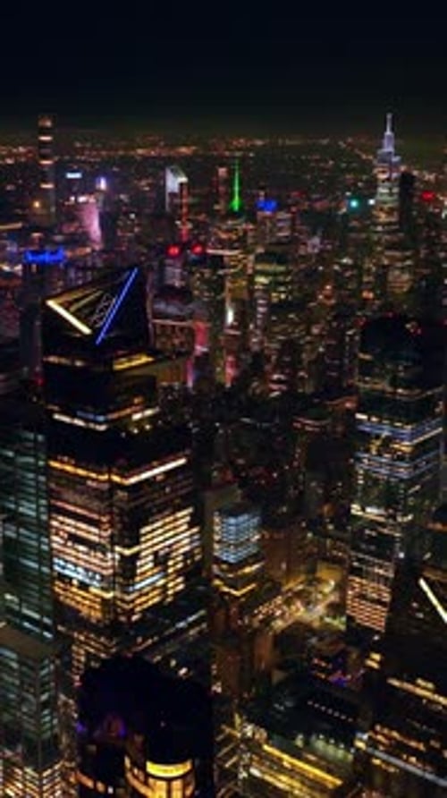 Breath-taking view of scenic New York at night. Drone footage over the endless panorama