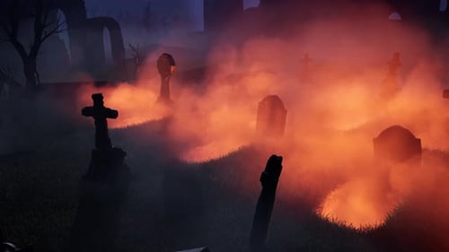 An old, abandoned cemetery with headstones jutting out in all directions