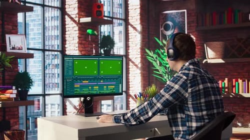 Man Using Mouse to Edit Movie Project Footage on Chroma Key PC