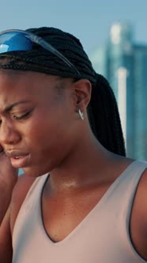 Black woman, headache and breathing in city for fitness fatigue, burnout