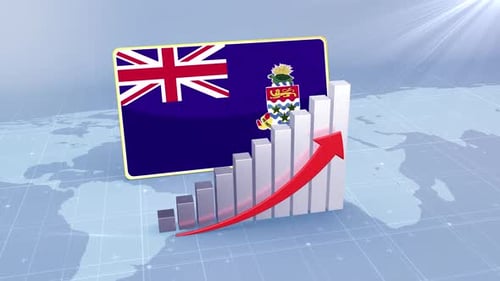 Cayman Islands Flag With Increasing Bar Chart Graph And Arrow Red