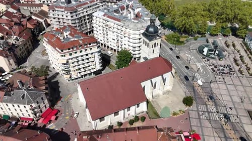 Aerial view of Eglise Saint-Maurice, a Gothic church in Annecy, France