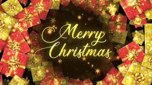 Golden Merry Christmas Text Animation with Festive Gift Boxes