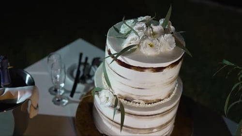Elegant Wedding Cake with White Flowers at Night