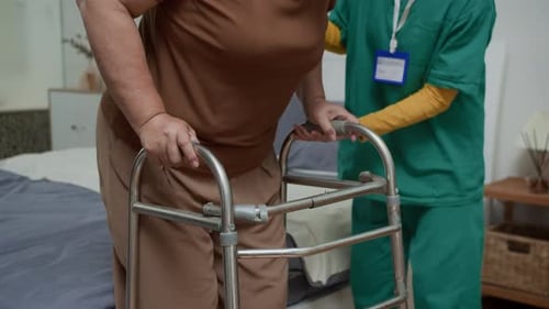 Elderly Woman Using Walker with Healthcare Provider