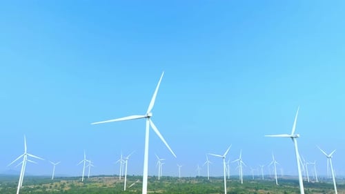 Majestic wind turbines stand tall against a soft sky, aerial view drone.