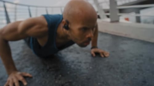 Push up, black man and city fitness, exercise challenge and focus, mindset and body wellness