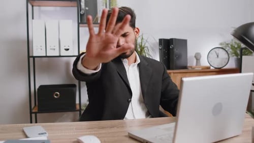 Businessman Working on Laptop Showing Stop Gestuge Danger Rejection Warning Crisis Prohibition