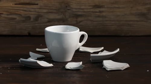Breaking white ceramic cup with hammer on wooden table, closeup