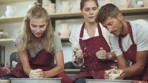 Handicraft Pottery Workshop the Woman Teacher Make a Workshop on Pottery Modeling for a Young Couple