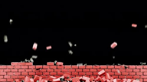 Many flying and falling brick wall. Cracks on brick wall. Destruction screensaver.