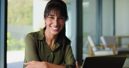 Recruitment, face and woman with smile in office, talent acquisition and we are hiring at startup