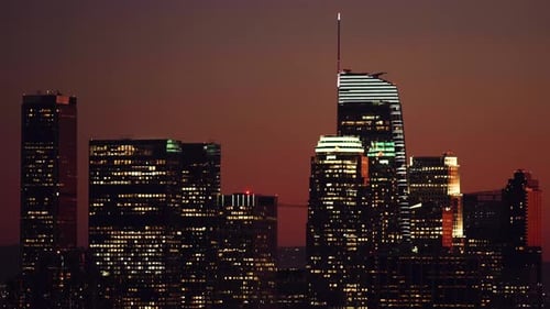Los Angeles skyline in California after sunset.