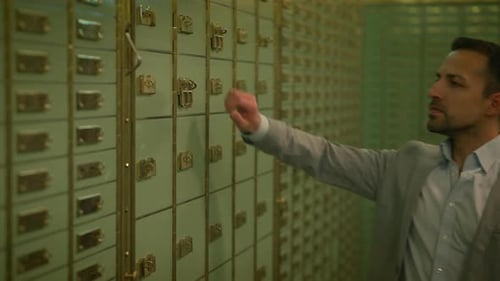 Businessman Entering Bank Safe Vault Room Storing Silver Bullion Inside Deposit