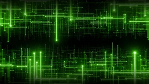 Seamless loop animation of flying through abstract digital space with glowing green lines patterns