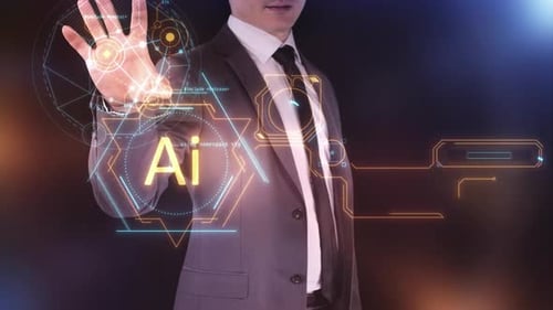 A Businessman Works with a Virtual Projection of a Chatbot on a Panel