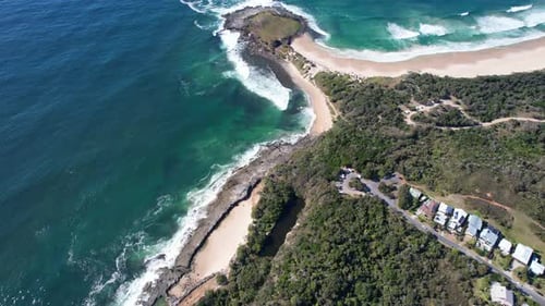Angourie Point Beach, Angourie Blue And Green Pool in Summer In Yamba, NSW, Australia. - aerial