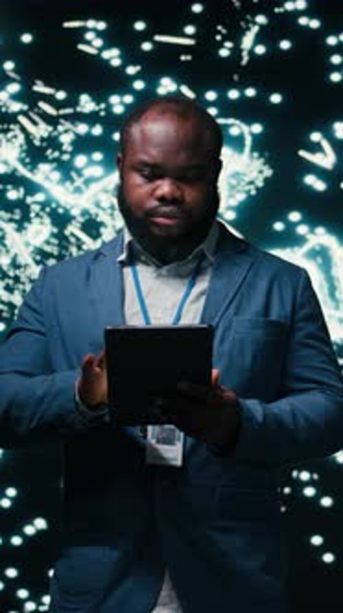 Vertical Video Computer Scientist Optimizes Neural Network Neurons Map with Tablet