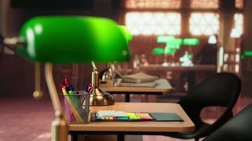 Empty Old Fashioned Library Filled with Vintage Decorations and Wooden Desks