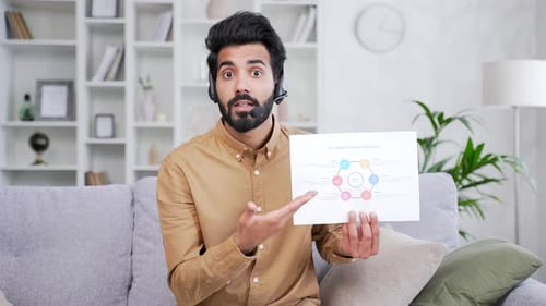 Webcam view. Young manager in headset giving online video call presentation sitting on sofa in room