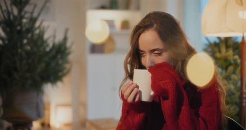 Woman with Mug in Cozy Christmas Interior