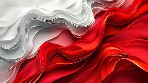 Abstrakte Wellenformen in Rot und Weiß. Dynamische Farbschichten sorgen für eine fließende, strukturierte Ästhetik