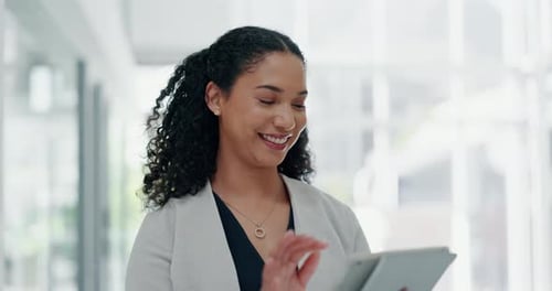 Digital tablet, office and business woman doing corporate research online with technology