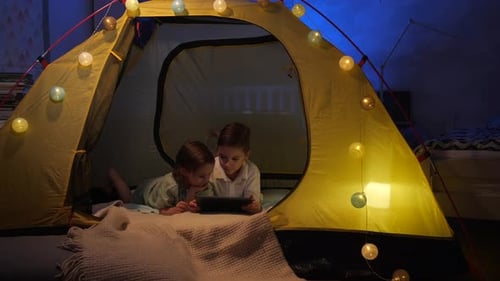 Kids with Tablet Inside Lit Indoor Tent