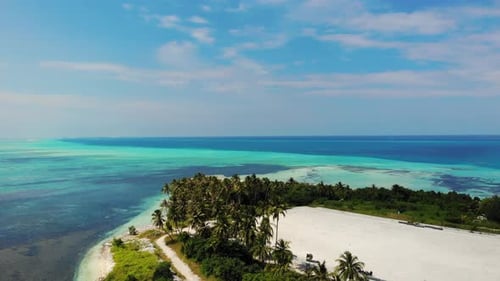 Maldivian Island For The Locals. Ocean Drone View. Ocean Washes The Island