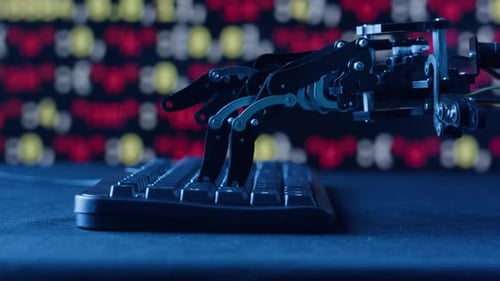 Robot Ai trabajando a mano en PC, portátil, chatbot y asesor de robots de chat, inteligencia artificial futurista, escribiendo a mano