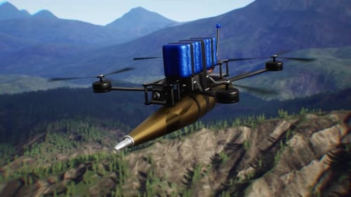 Modern Drone Carrying Cargo and Large Pen Over Mountains