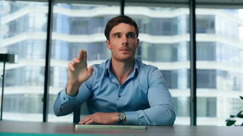 Innovation manager working metaverse makes augmented reality presentation