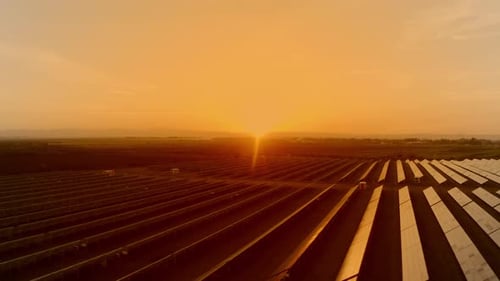 Drone View of Solar Panels in Sunset Time