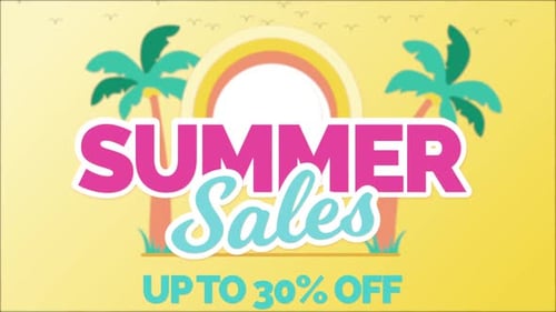 Vibrant Summer Sales Animation with Palm Trees and Rainbow