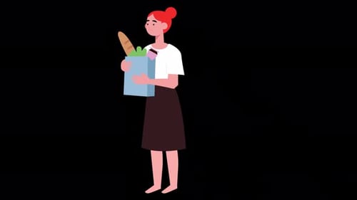 Woman Shopping At The Market Has A Grocery Bag In Her Hand 4K Alpha Channel