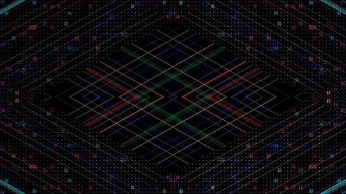 Des points lumineux brillants en 3D définissent un mouvement linéaire coloré, sur fond noir