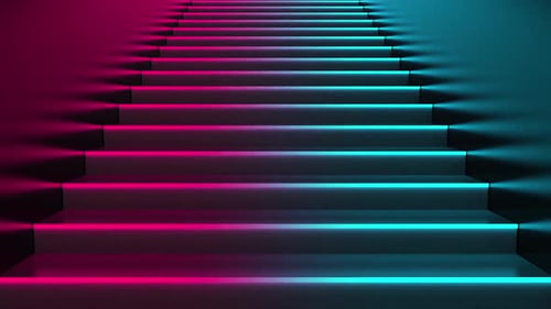 Treppe beleuchtet mit leuchtenden rosa und blauen Neonlichtern